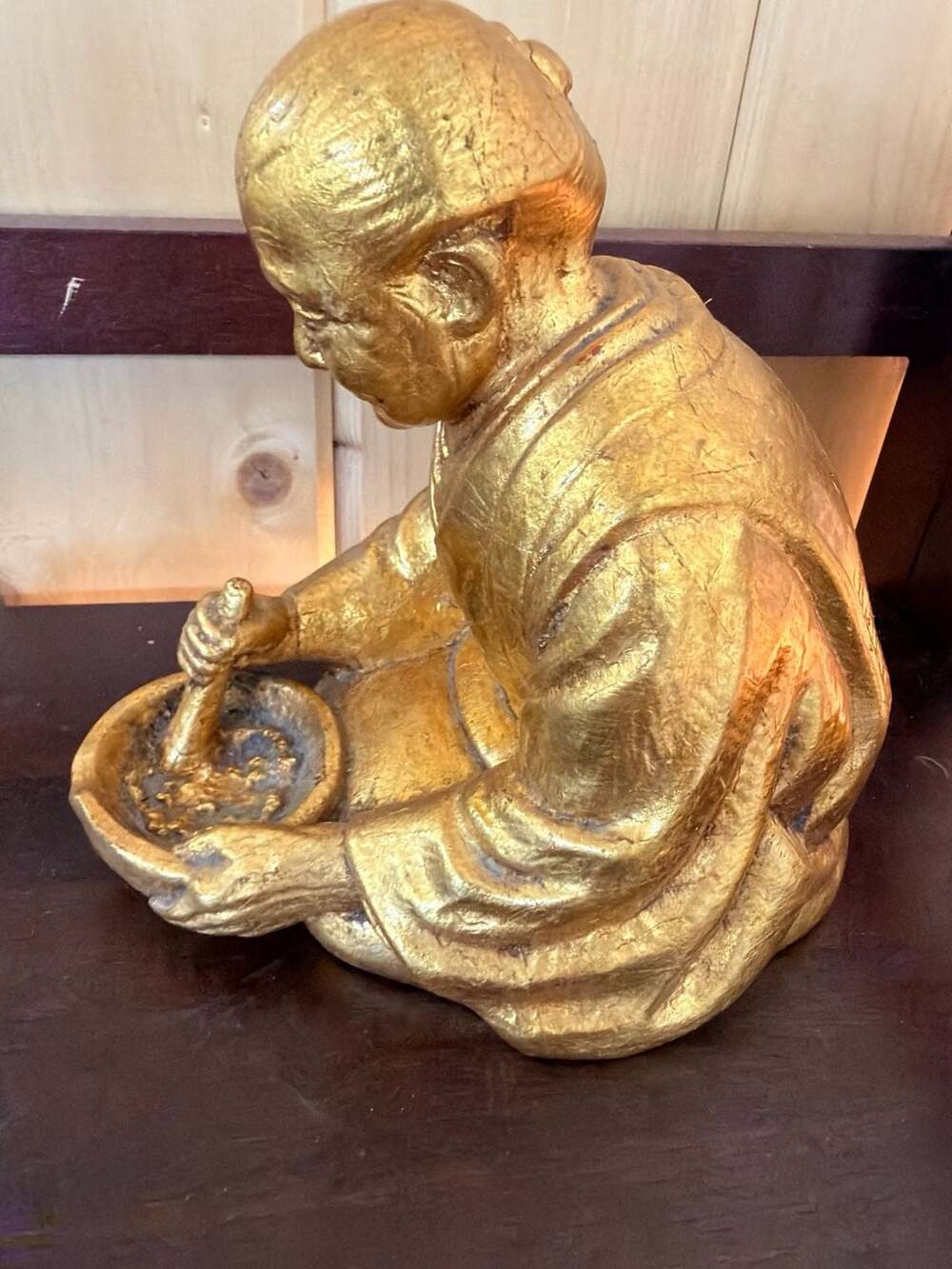 Gold Touch Gold Leafed Monk Statue Grinding In Bowl Figurine Decor